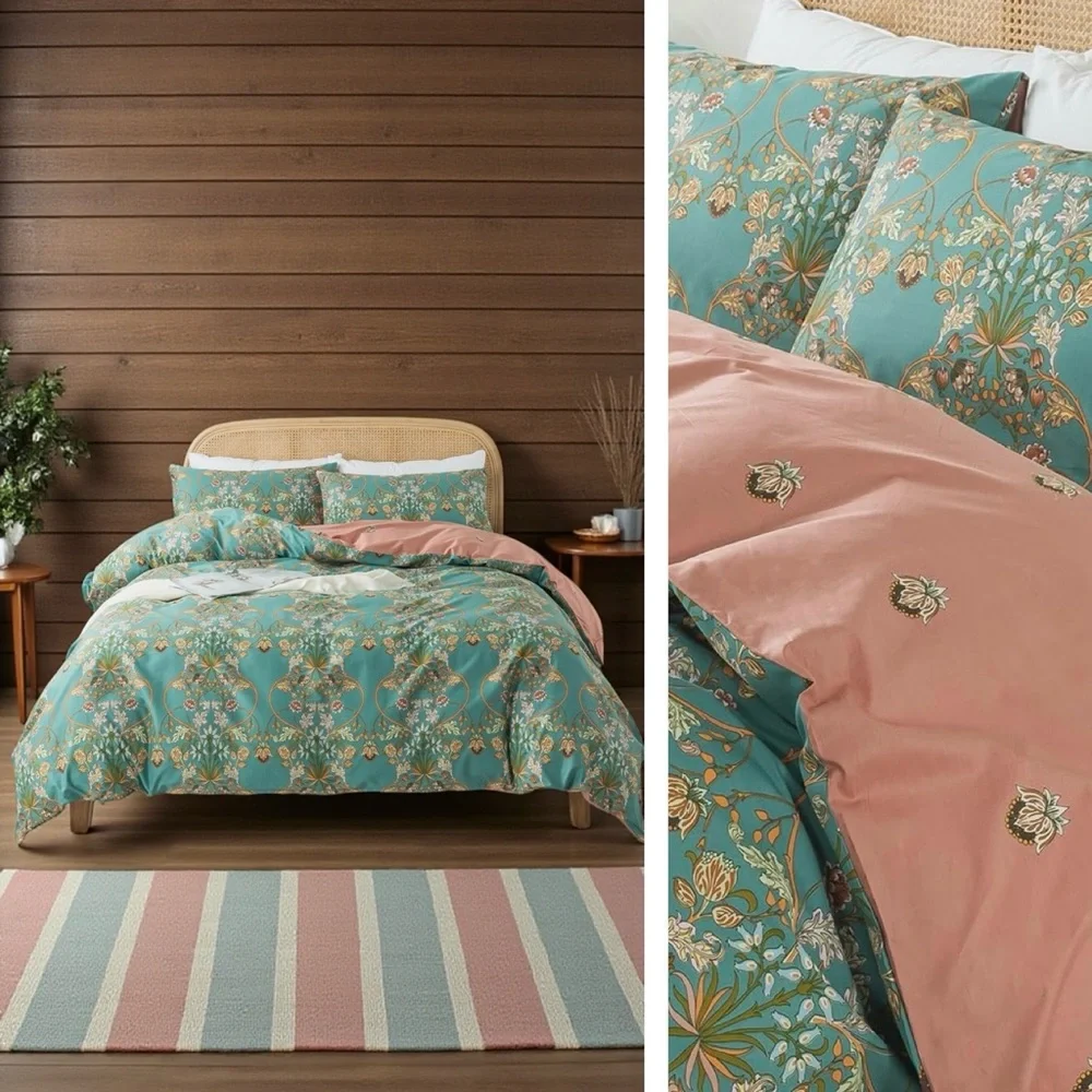 NEW Anthro Teal Reversible Floral Queen / King Boho Duvet Bedding & Sham Set